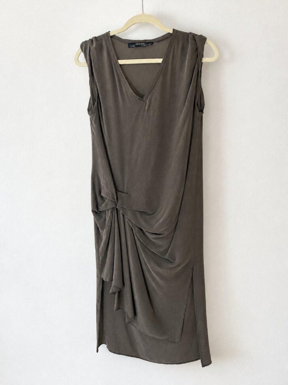 AllSaints Jodelle 100% Silk Draped Asymmetric V-Neck Dress Khaki Taupe
